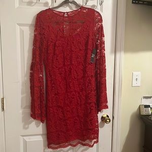 Red lace short dress with flare sleeves